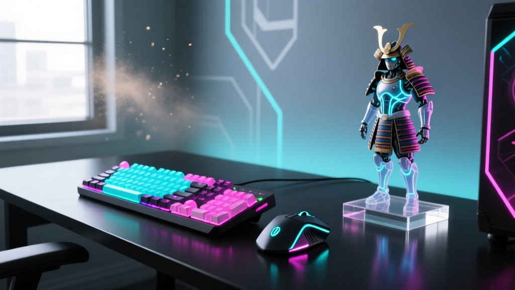 Anime-inspired PC battlestation with custom mechanical keyboards, ultralight mice, and RGB lighting reflecting off figurines