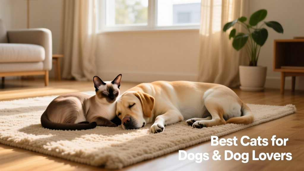 A Burmese cat curled up beside a sleeping Labrador, both resting peacefully on a cozy rug