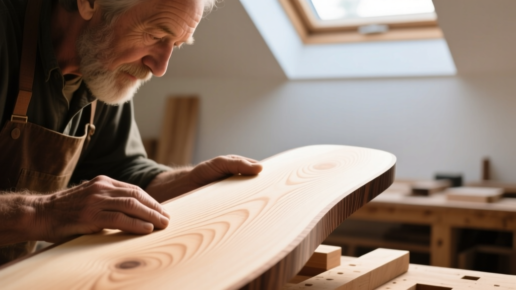 Close-up of a luthier inspecting the tight grain patterns of a quarter-sawn Sitka spruce acoustic guitar soundboard in a workshop