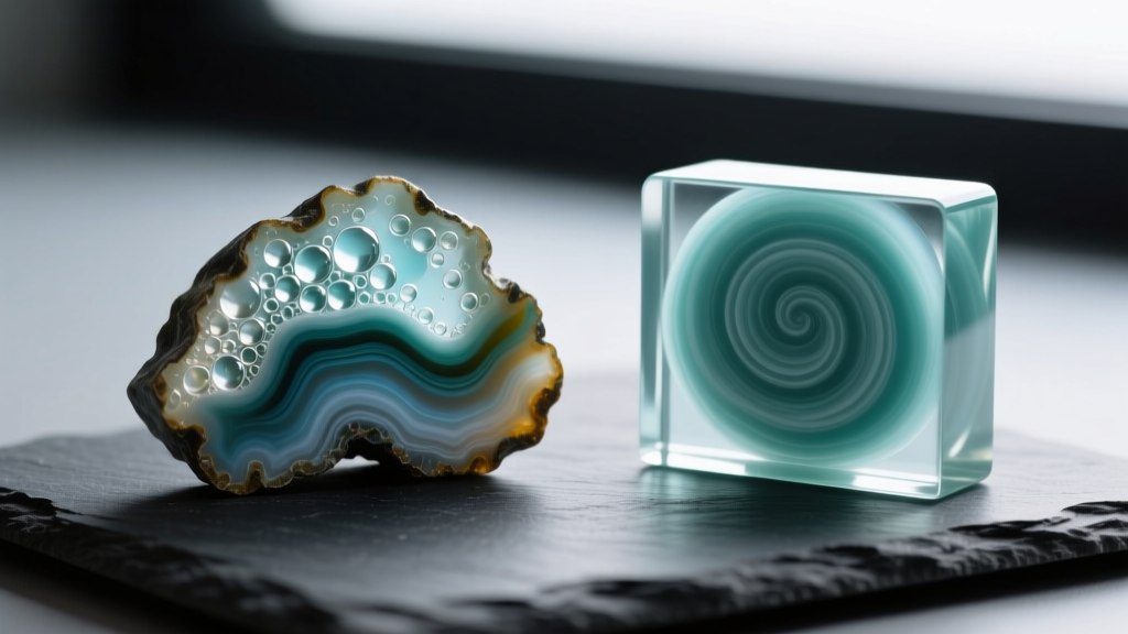 Macro comparison of genuine layered fordite showing micro-bubbles next to a smooth artificially swirled resin fake on dark slate