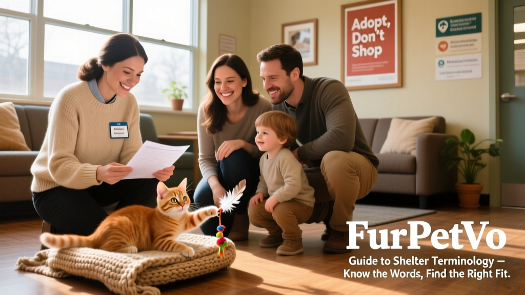 A FurPetVo adoption counselor reviewing paperwork with a smiling family and their newly adopted kitten