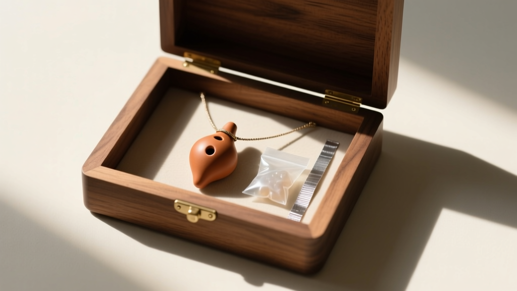 Open wooden jewelry box containing a terracotta ocarina necklace, a silica gel packet, and an anti-tarnish strip, shot above.