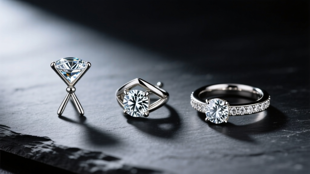 Side profile comparison of three diamond earring settings: martini, four-prong basket, and bezel, resting on a dark slate surface.