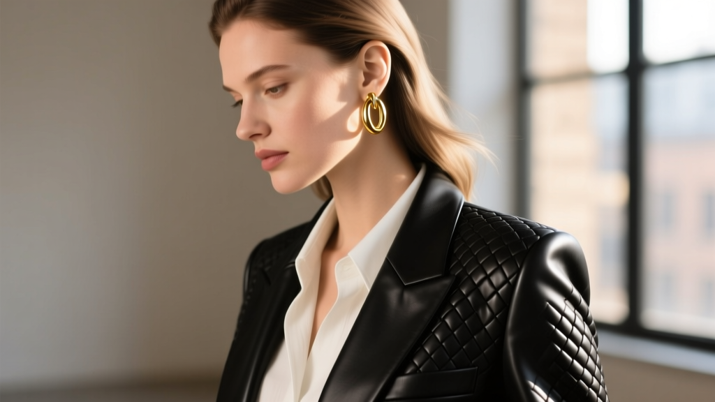 Side profile of a woman wearing woven black leather and gold hardware hoop earrings styled with a crisp white linen blazer
