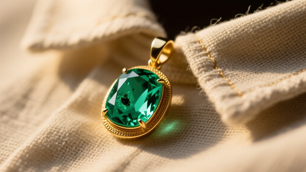 Macro shot of a raw uncut emerald pendant in a 14k gold bezel resting against a textured linen collarbone in warm natural light