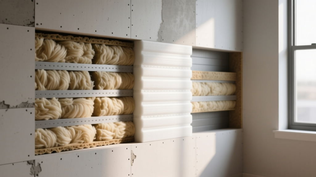 Cross-section of a modern wall cavity showing dense fiberglass batts and rigid foam boards resisting thermal transfer indoors