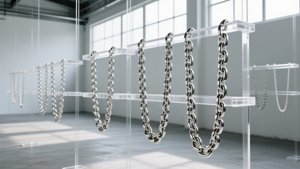 Stainless steel wholesale necklace chains in a climate-controlled warehouse, tagged with ready to ship global export labels