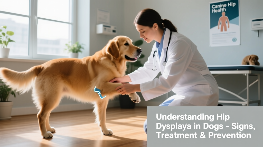 Veterinarian gently performing a physical exam on a dog's hind legs to assess hip stability