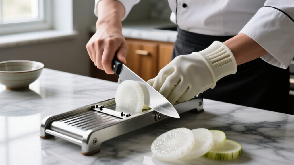 Chef safely slicing translucent daikon radish on a Japanese Benriner mandoline using the protective hand guard on a marble counter