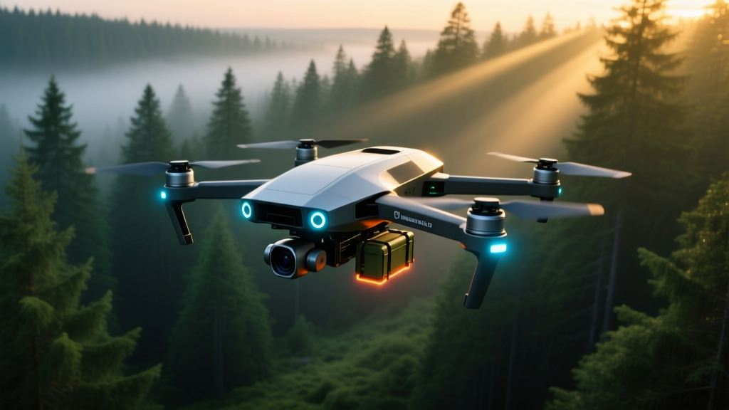 High-tech search and rescue drone with a thermal camera and payload drop mechanism hovering over a dense pine forest at dusk