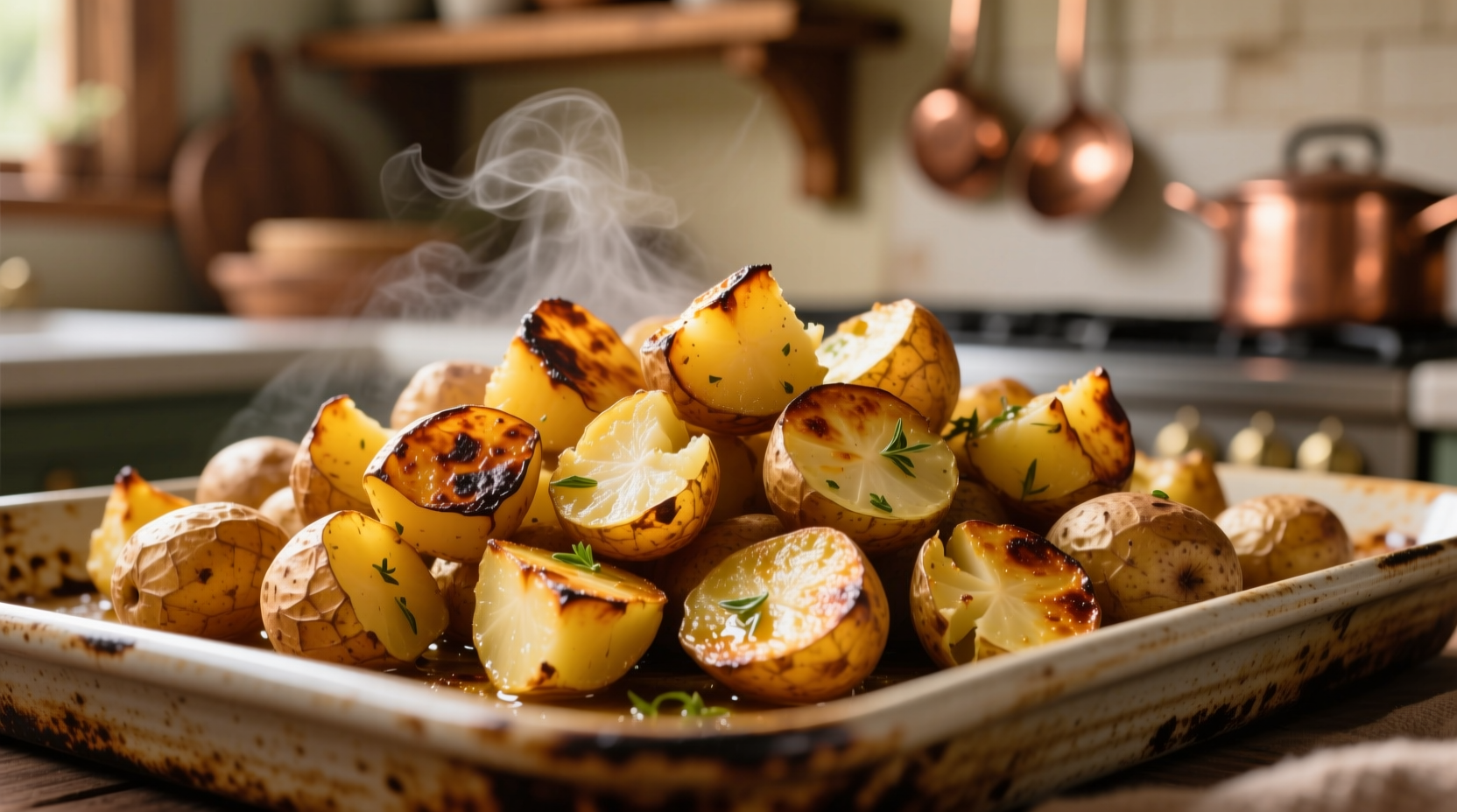 Golden roasted potatoes with crispy edges on baking sheet