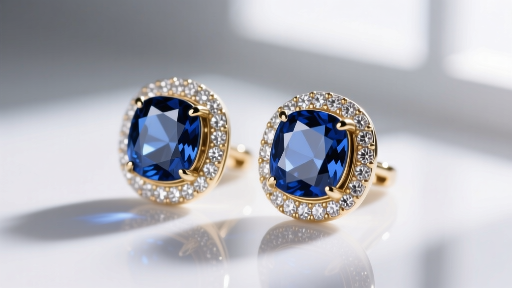 Close-up of 18k white gold sapphire diamond earrings featuring cushion-cut Ceylon blue sapphires and a micro-pave diamond halo