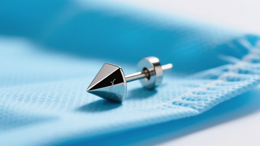 Macro shot of a self piercing titanium earring stud with a beveled tip and flat clutch on a sterile blue medical drape.