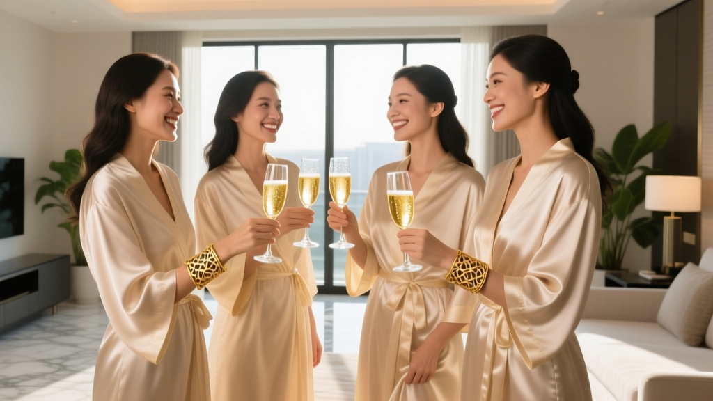 Bridesmaids in silk robes showing off new permanent gold bracelets, smiling in a sunlit hotel suite while holding champagne.