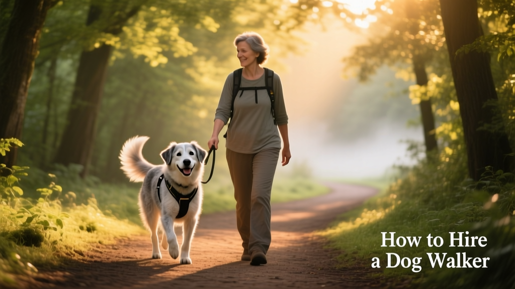 A happy senior dog walking calmly beside a gentle, attentive walker on a shaded tree-lined path