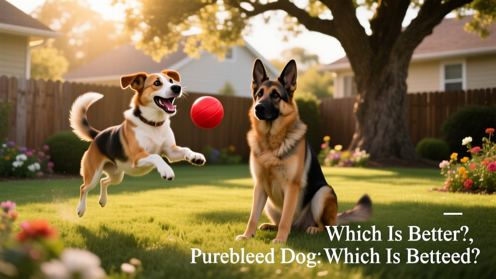 A joyful mixed-breed dog playing in a sunlit backyard alongside a calm purebred German Shepherd