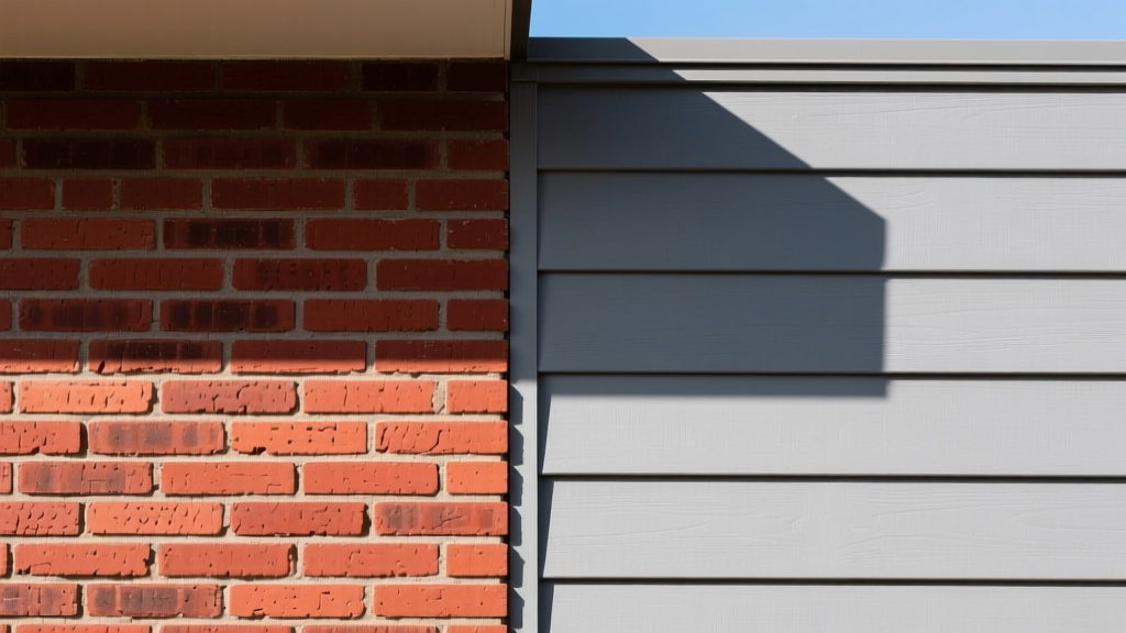 Split exterior wall showing red Acme clay brick masonry on the left and gray fiber cement lap siding on the right in bright daylight