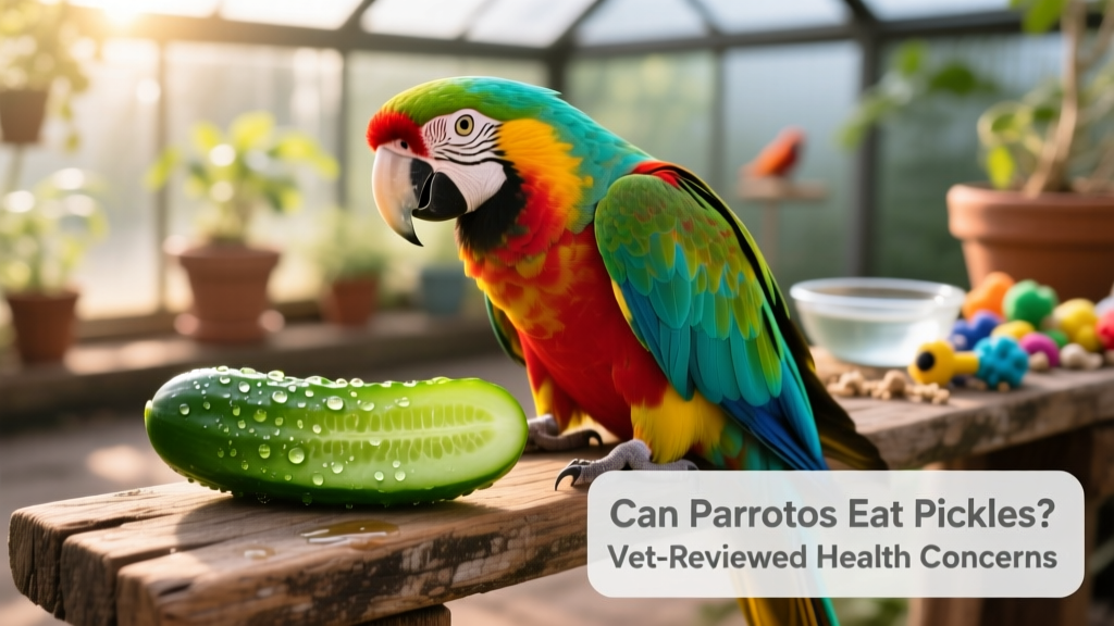 Close-up of a vibrant green pickle slice next to a colorful parrot perched calmly on a wooden perch