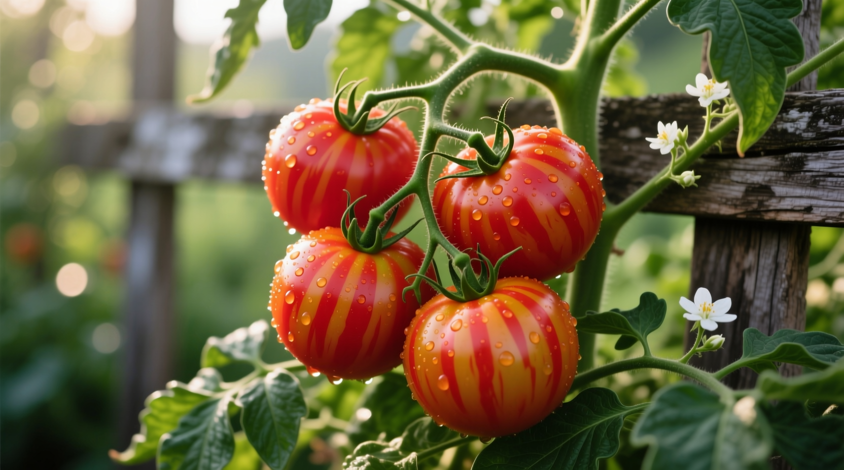 Ripe lucky tiger tomatoes on vine with distinctive red streaks