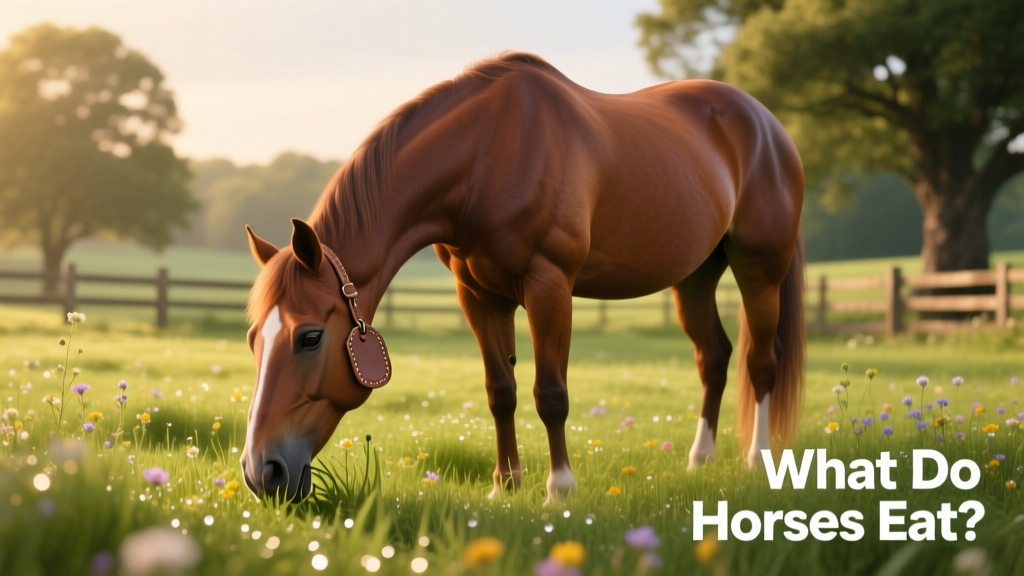 A horse grazing peacefully in a lush green pasture