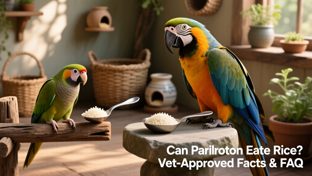 Side-by-side comparison of portion sizes: a teaspoon of rice for a conure and a tablespoon for a large macaw