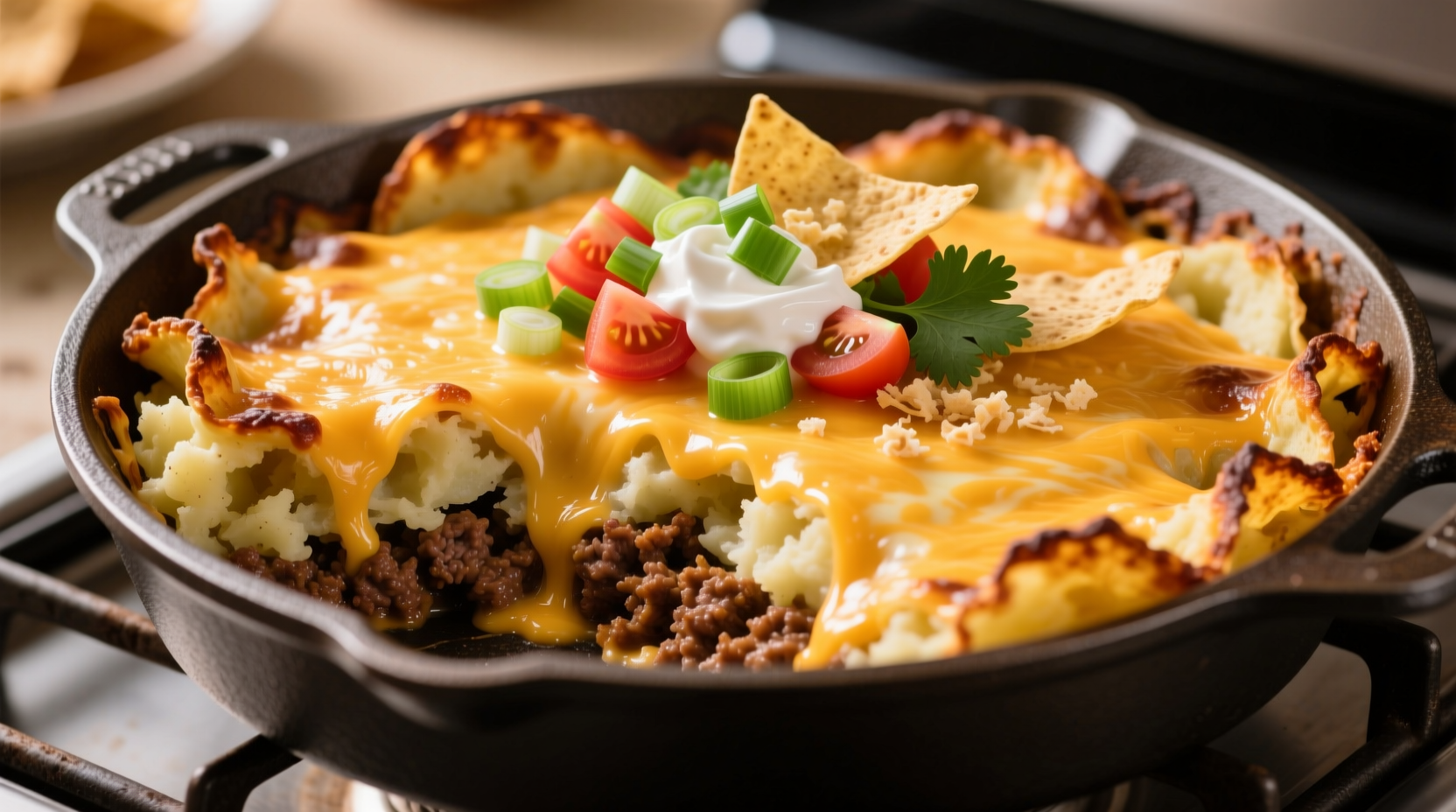 Taco potato casserole with melted cheese and fresh toppings
