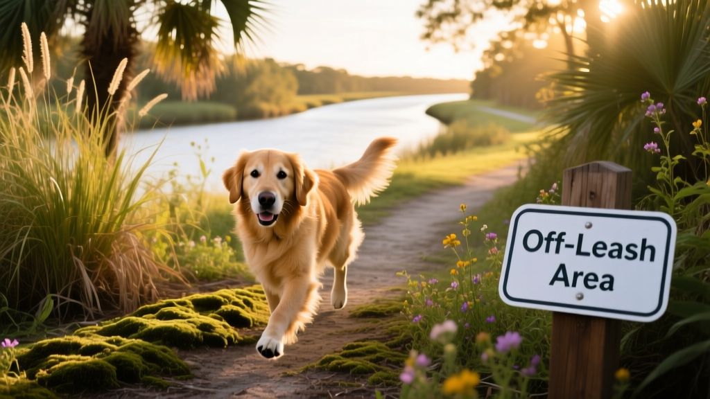 Dog exploring a shaded nature trail lined with native plants and interpretive signage, with gentle river views in background