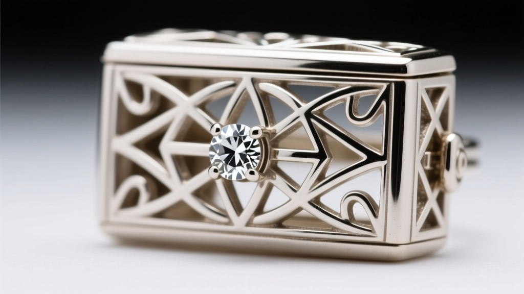 Detailed shot of an antique 14k white gold Art Deco box clasp featuring geometric filigree and single-cut diamonds, macro lens