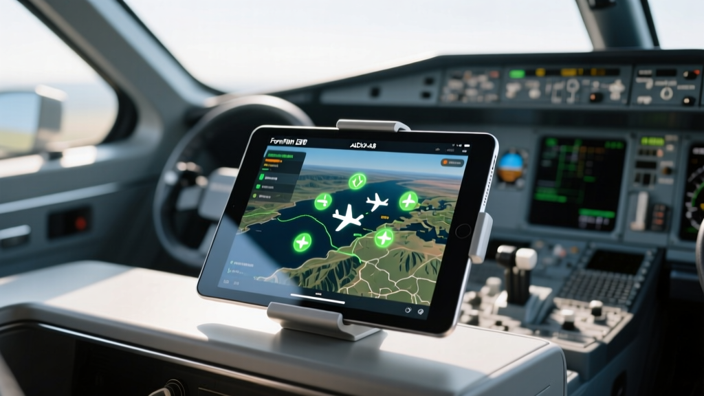 Tablet mounted in an experimental aircraft cockpit displaying ForeFlight EFB with live ADS-B traffic overlaid on the moving map.