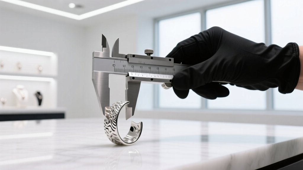 Hands using a stainless steel vernier caliper to measure a thick 12 gauge silver ear cuff in a bright, modern jewelry studio.