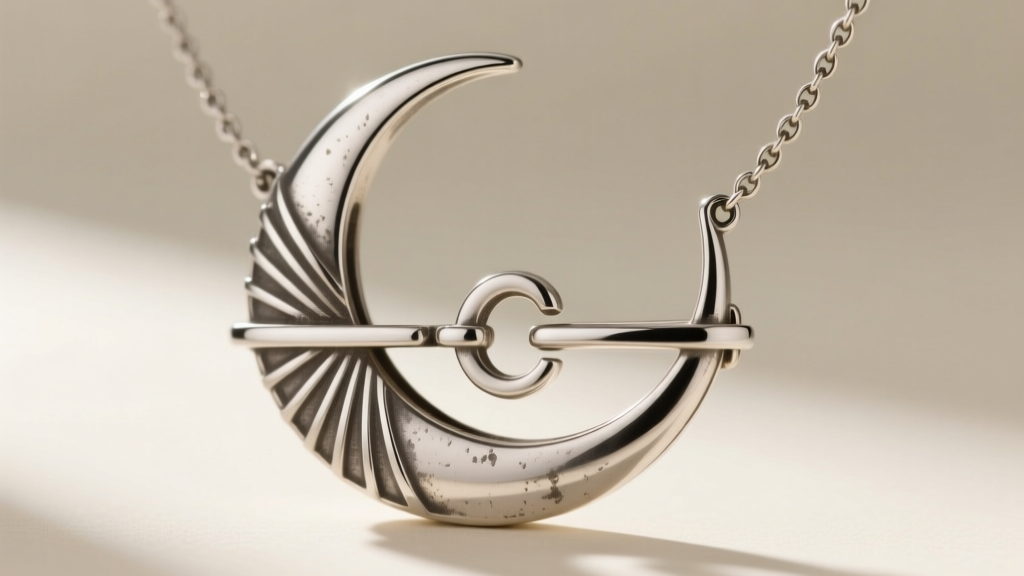 Close-up of an antique Art Deco platinum crescent moon necklace clasp showing a vintage C-clasp mechanism and slight patina.