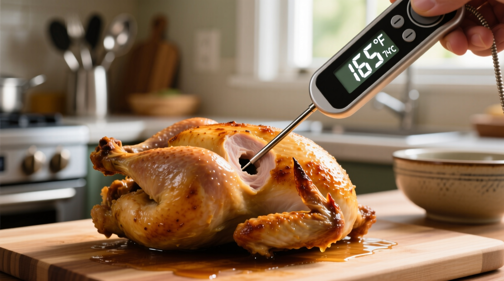 Oven thermometer checking chicken internal temperature