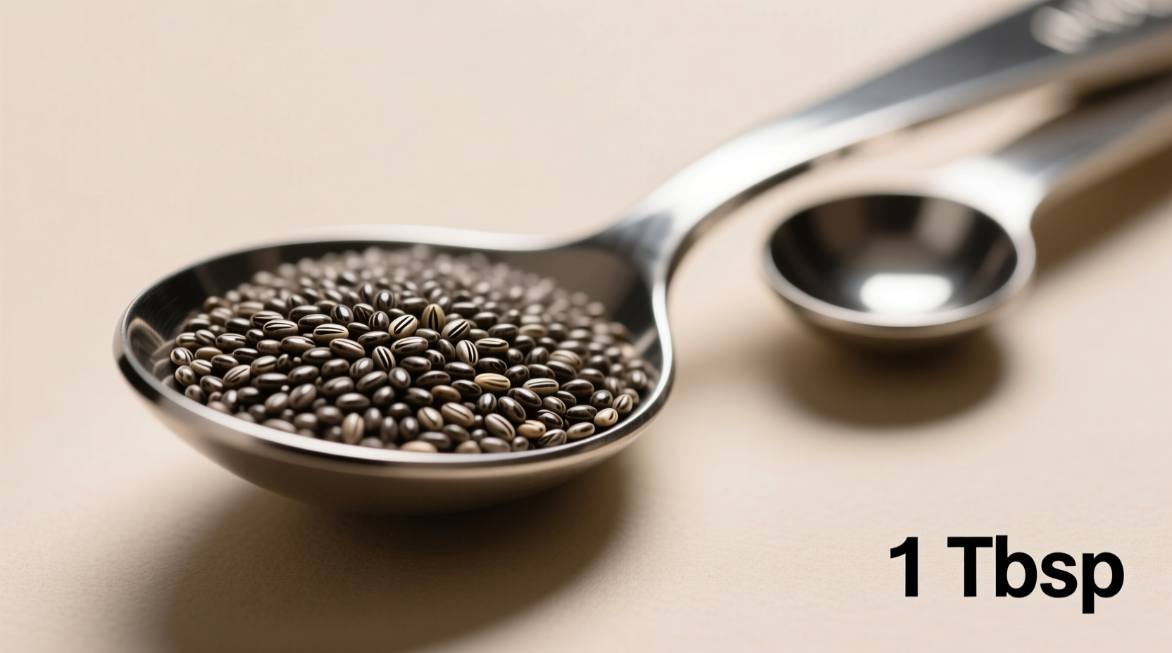 Chia seeds in tablespoon with measuring spoons