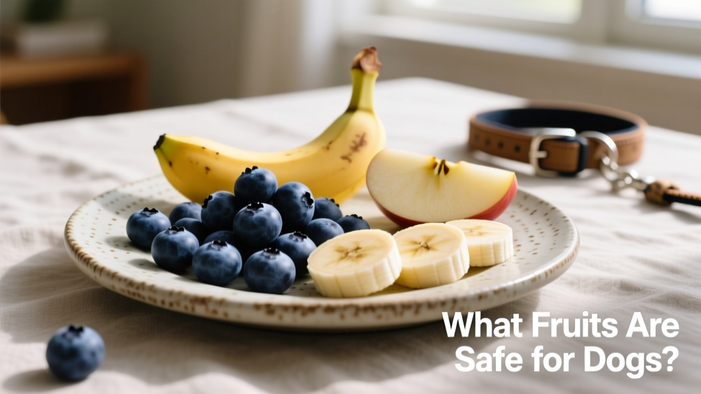 Assorted dog-safe fruits—blueberries, banana slices, and apple wedges—arranged on a pet-friendly plate