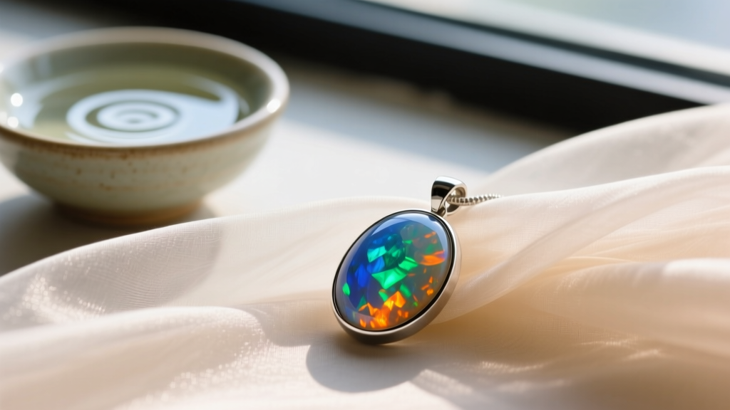 Soft cloth wiping an Ethiopian opal pendant, with a small bowl of distilled water and mild liquid soap blurred in the background