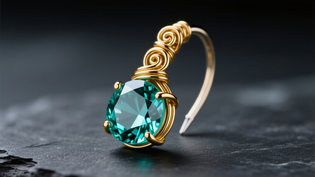 Close-up of a 24-gauge gold-filled wire-wrapped teal apatite briolette on a niobium ear wire against a dark slate background.