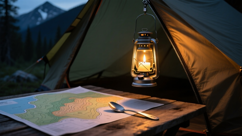 A glowing UCO candle lantern hanging from a tent vestibule zipper, illuminating a topographic map and a titanium spork in the dark.