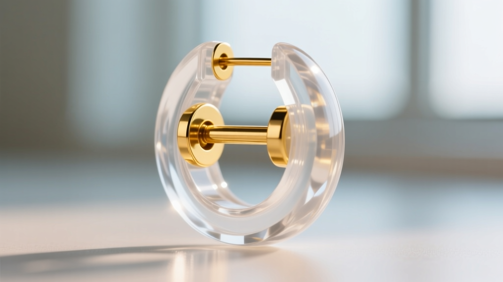Macro cross-section of a clear polyurethane earring clutch inner bore gripping a 20-gauge solid gold post, soft focus background.