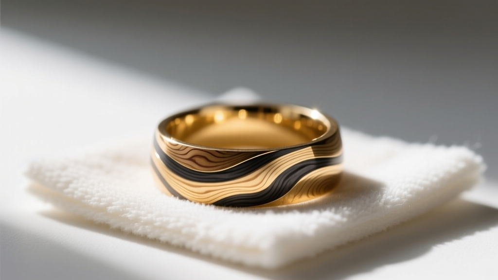 Macro shot of Japanese Mokume Gane gold ring showing intricate wood-grain patterns, resting on a soft microfiber polishing cloth.