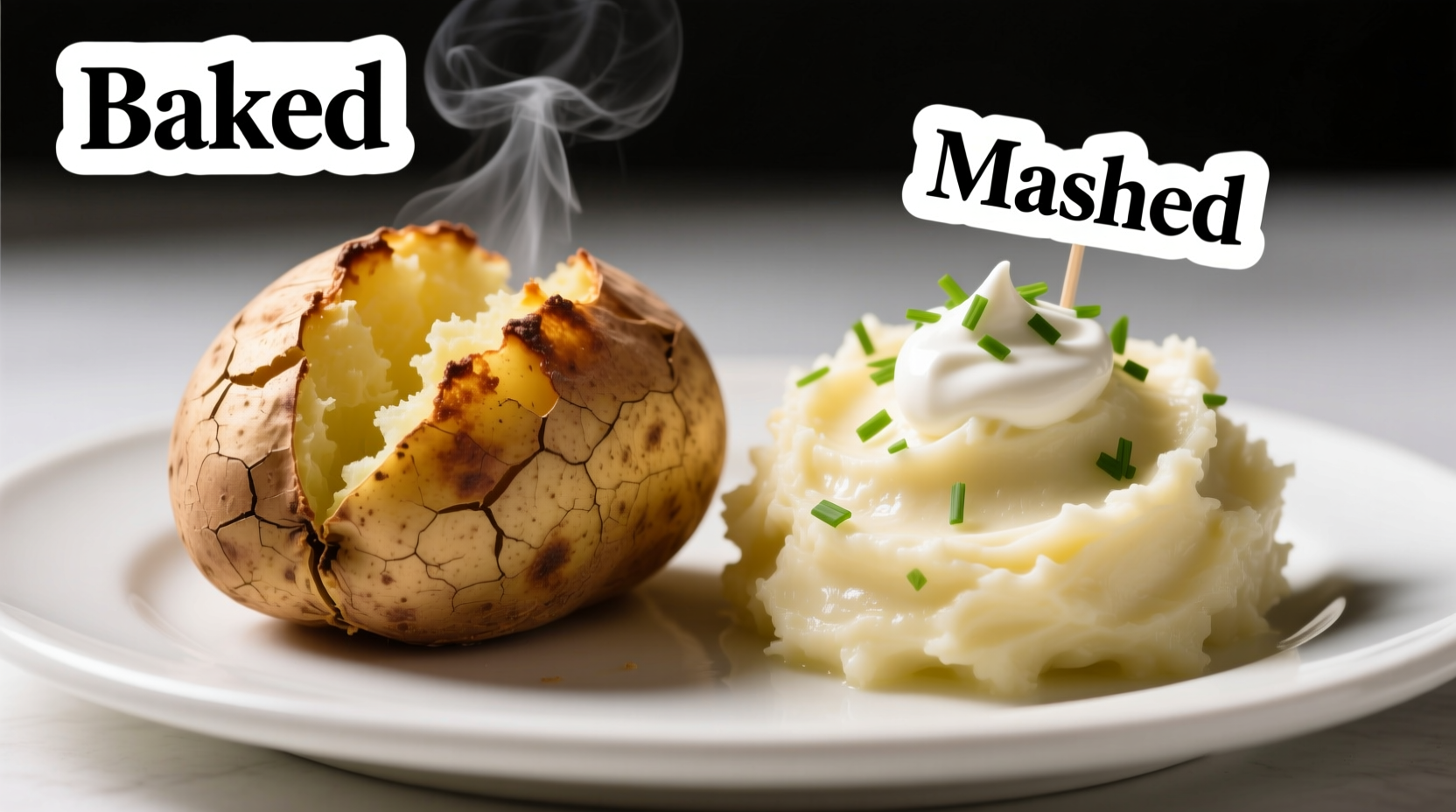 Baked potato and mashed potatoes side by side comparison