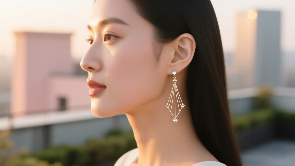 Side profile of a woman wearing minimalist Leru drop earrings, showing the lightweight dangle against a soft blurred background.