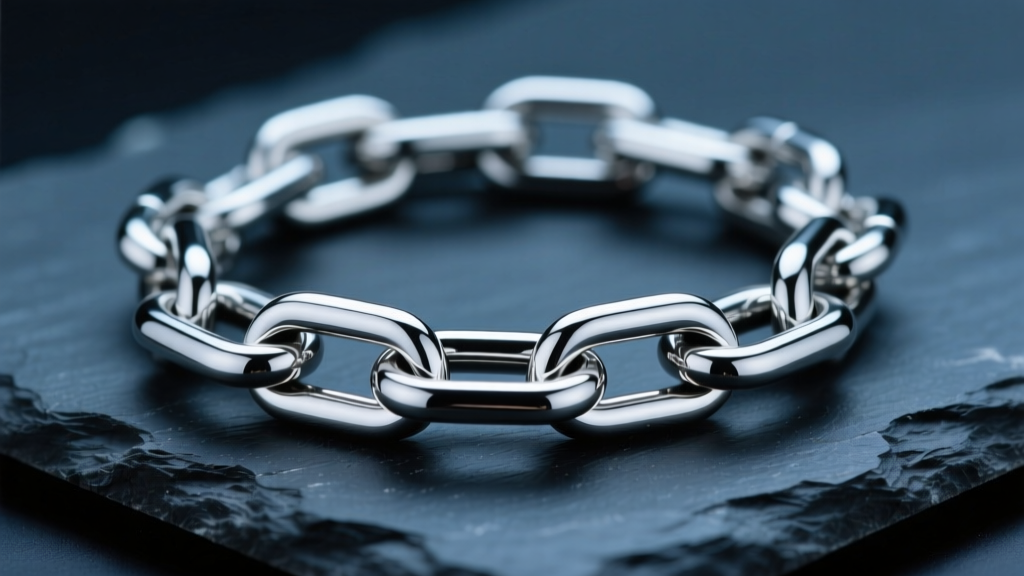 Macro shot of a polished 316L stainless steel chain on dark slate, showing a flawless mirror-like metallic finish in soft light