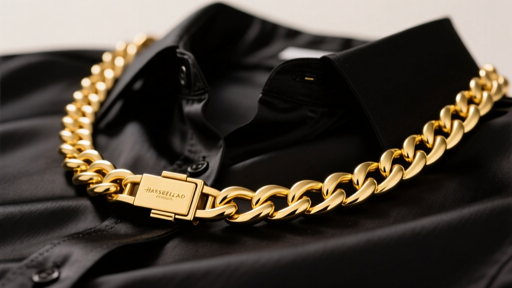 Thick 14k yellow gold Cuban link chain on a dark shirt, studio lighting highlighting polished metal links and a secure box clasp