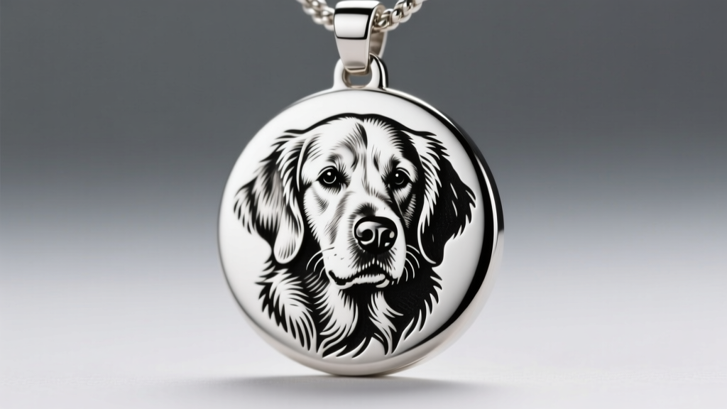 Macro shot of a laser-engraved stainless steel pendant showing a detailed black and white portrait of a golden retriever dog.