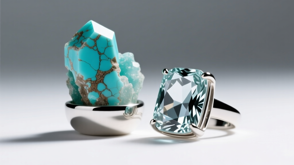 Macro shot of raw turquoise beside a polished stabilized stone set in a sterling silver bezel cup under bright studio lighting