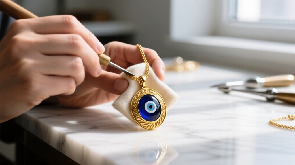 Close-up of a jeweler using a soft microfiber cloth to polish a 14k gold vermeil nazar necklace without touching the glass center