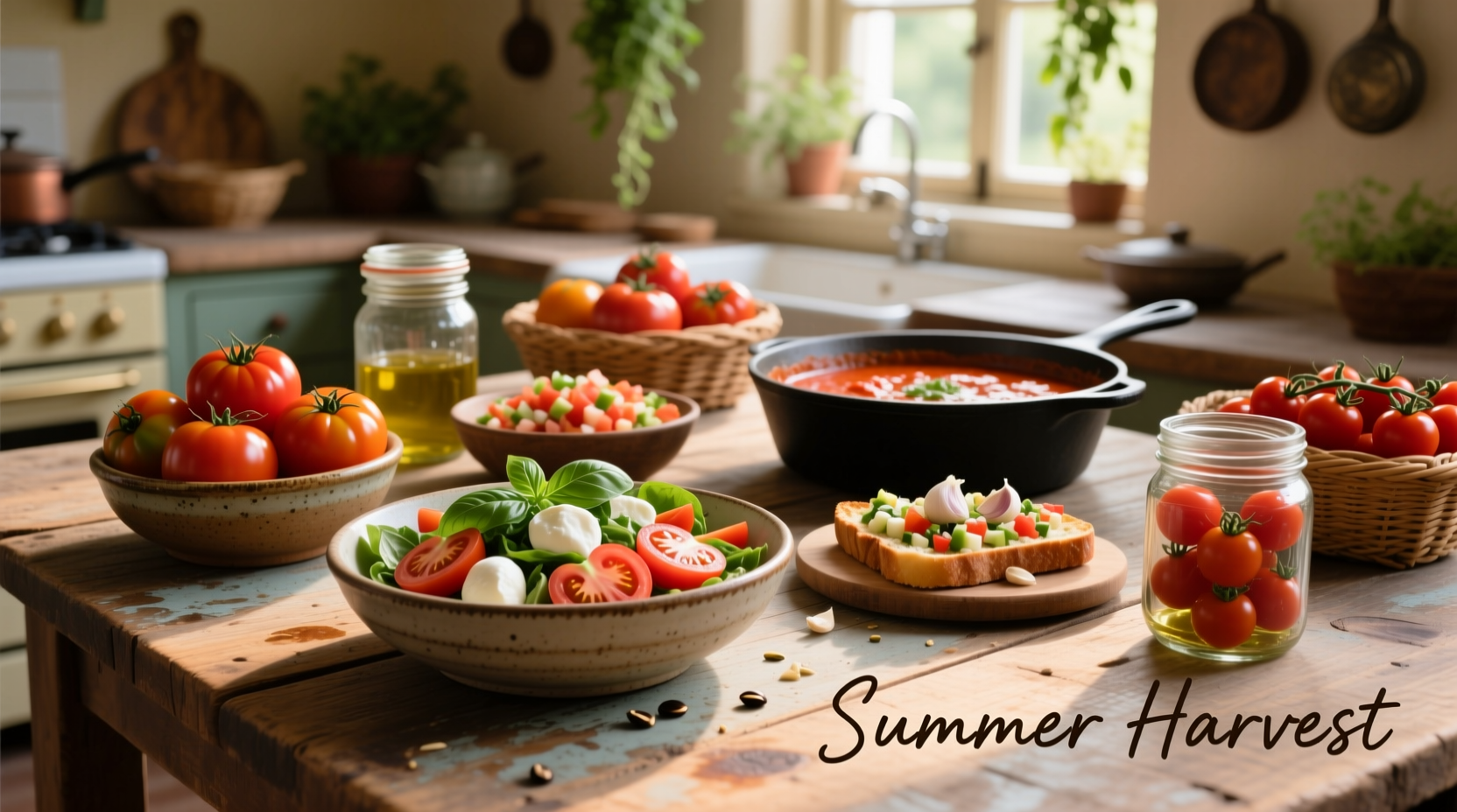Fresh garden tomatoes in various recipes on wooden table