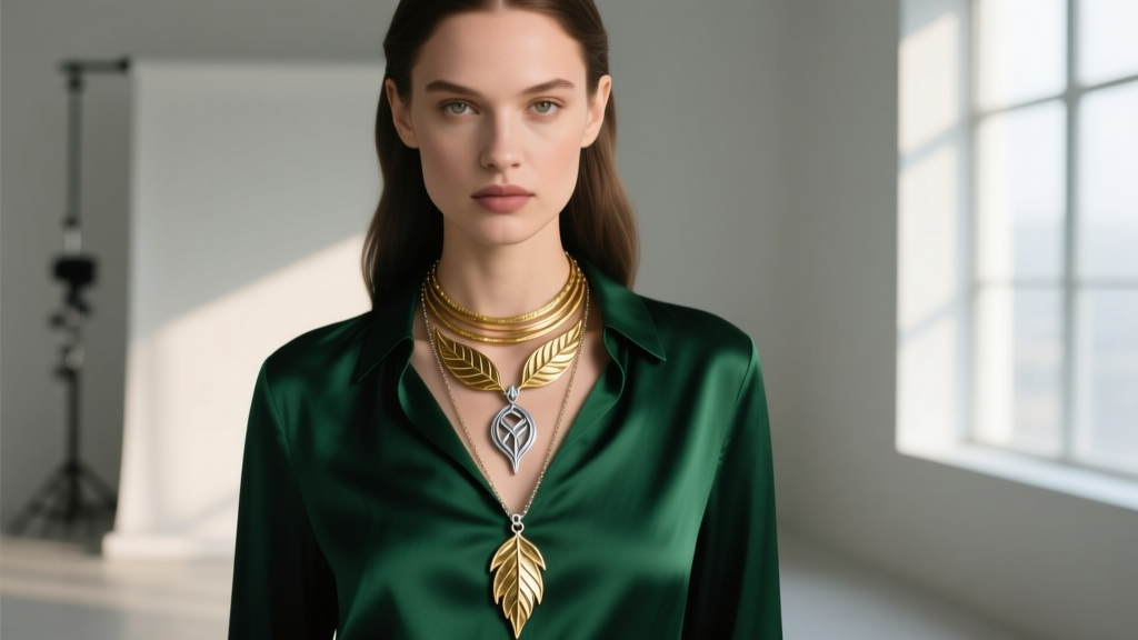 Model wearing layered gold Leaf of Lorien and silver Arwen pendant necklaces over dark green silk, clear front view.