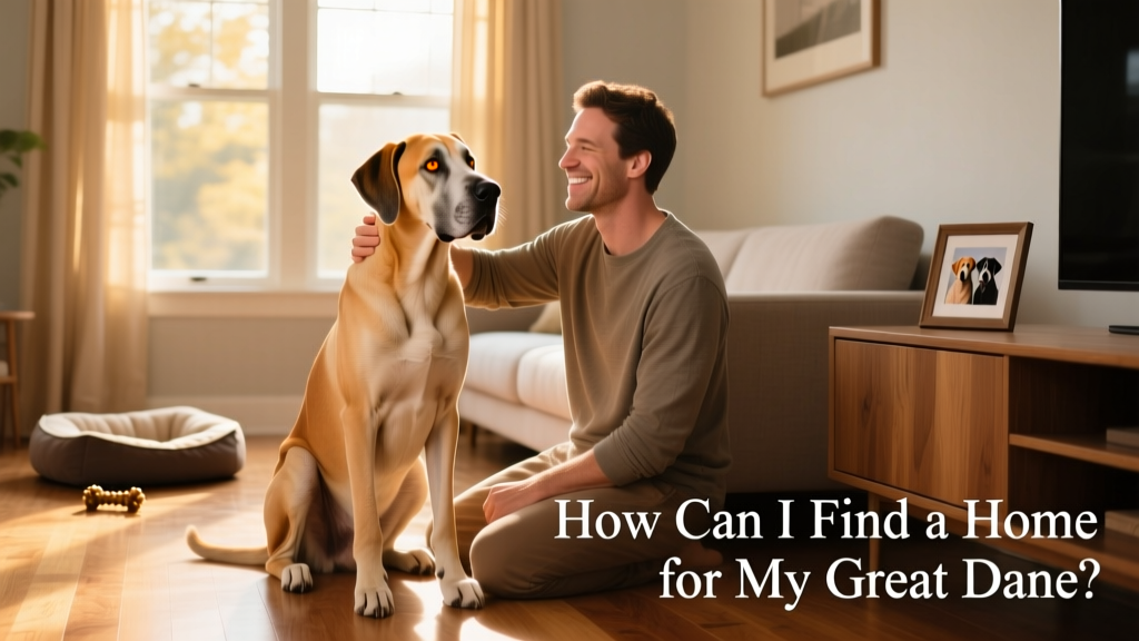 A calm, gentle Great Dane sitting beside a smiling adult in a sunlit living room