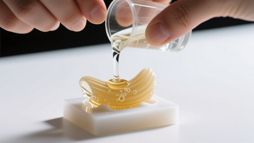 Hands pouring UV-stable epoxy resin into a tiny macaroni box silicone mold under studio lights, revealing crystal-clear liquid.